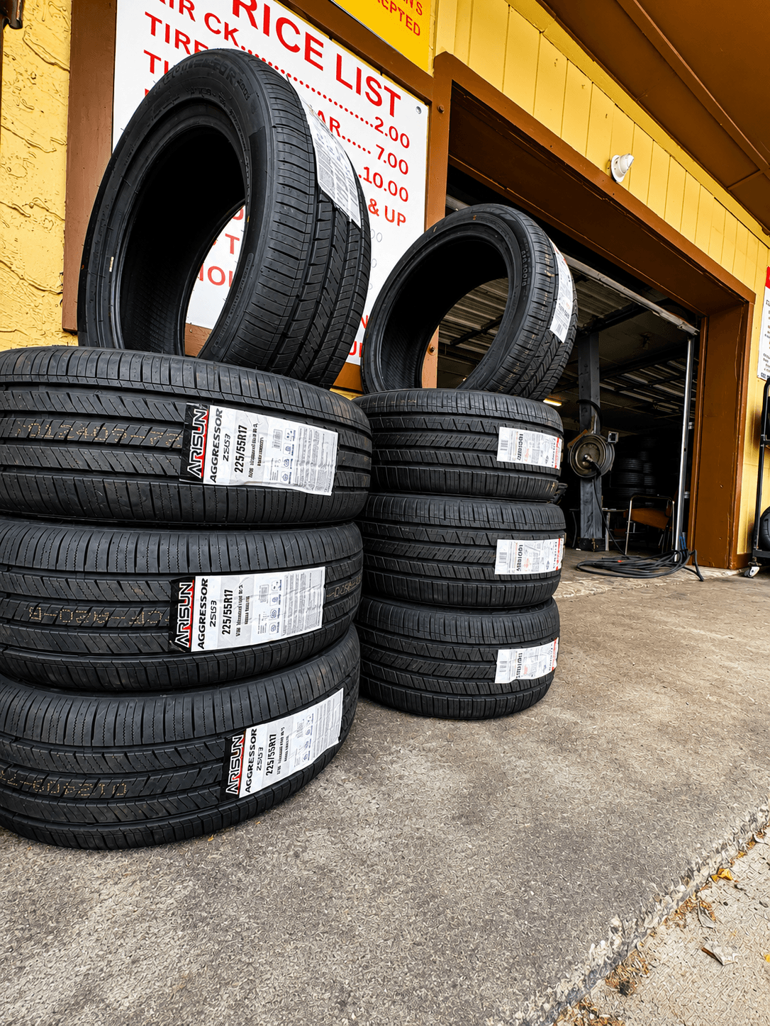 New tires stacked outside